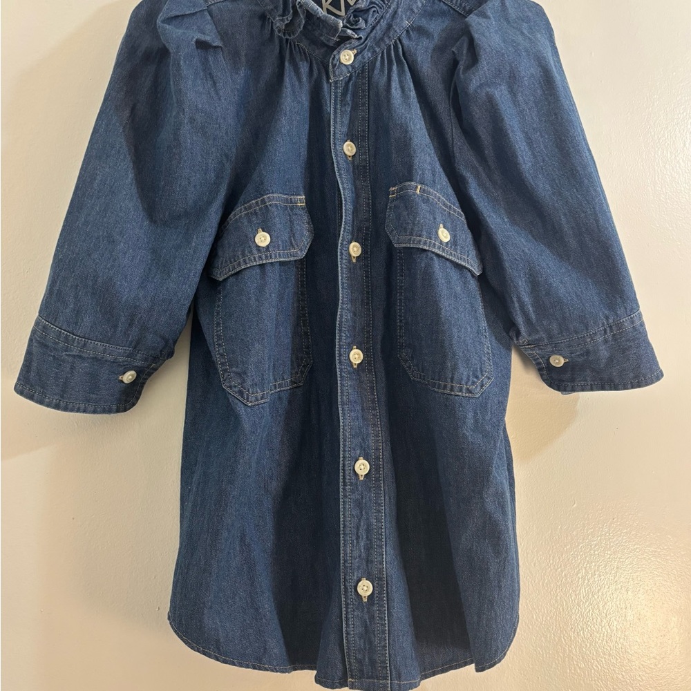 KMJ Signature Ruffle Collar Denim Botton-Down Shirt with 3/4 Sleeves, Size Small - Picture 2 of 12